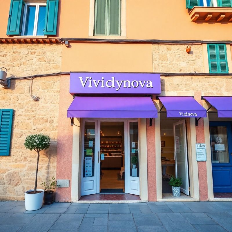 Ulaz u salon Vividynova u Puli s ljubičastim signage i terakotnom fasadom